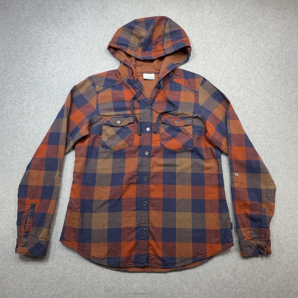 Columbia Hooded Flannel Shirt Womens Medium Orange Blue Plaid Button Outdoor